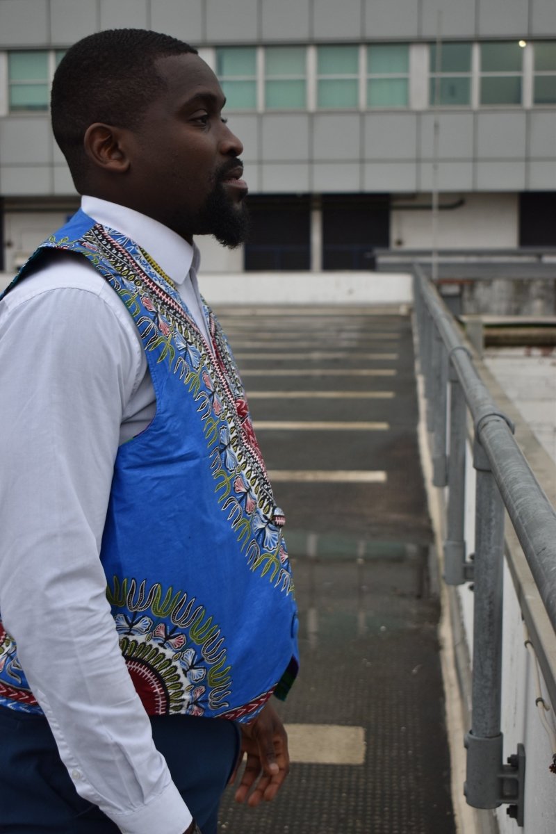 African Waistcoat in Blue Dashiki - Reversible - Continent Clothing 