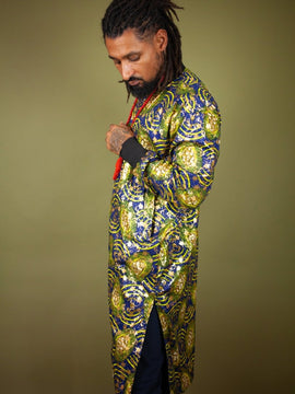 African Winter Coat In Metallic Blue Gold