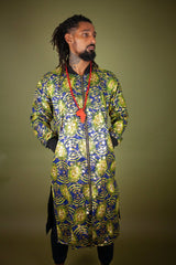 African Winter Coat In Metallic Blue Gold - Continent Clothing 