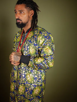 African Winter Coat In Metallic Blue Gold