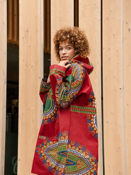 African Winter Jacket in Red Dashiki