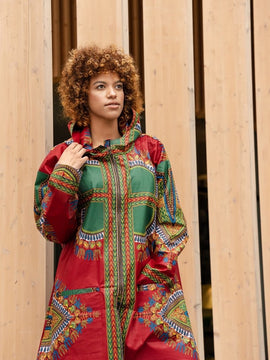 African Winter Jacket in Red Dashiki