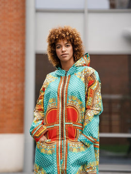 African Winter Jacket in Turquoise Dashiki