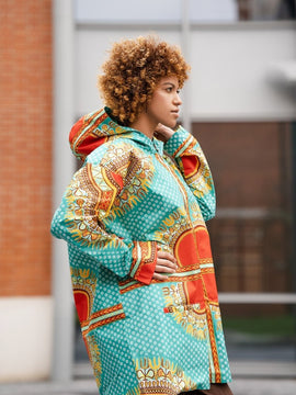 African Winter Jacket in Turquoise Dashiki