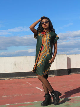 Aztec Dress, African Shirt Dress in Green Dashiki Print - Festival Dress