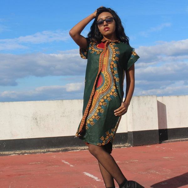 Aztec Dress, African Shirt Dress in Green Dashiki Print - Festival Dress - Continent Clothing Aztec Dress, African Shirt Dress in Green Dashiki Print - Festival Dress - Continent Clothing