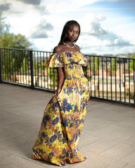 Beautiful African Maxi Dress In Metallic Gold Blue - Continent Clothing 