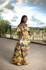 Beautiful African Maxi Dress In Metallic Gold Blue - Continent Clothing 