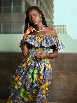 Beautiful African Maxi Dress In Metallic Gold Blue