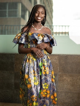 Beautiful African Maxi Dress In Metallic Gold Blue
