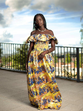 Beautiful African Maxi Dress In Metallic Gold Blue