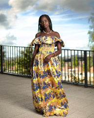 Beautiful African Maxi Dress In Metallic Gold Blue - Continent Clothing 