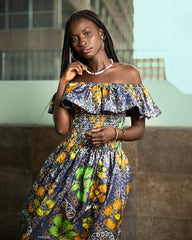 Beautiful African Maxi Dress In Metallic Gold Blue - Continent Clothing 