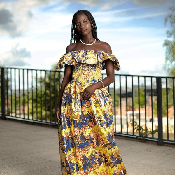 Beautiful African Maxi Dress In Metallic Gold Blue The Continent Clothing