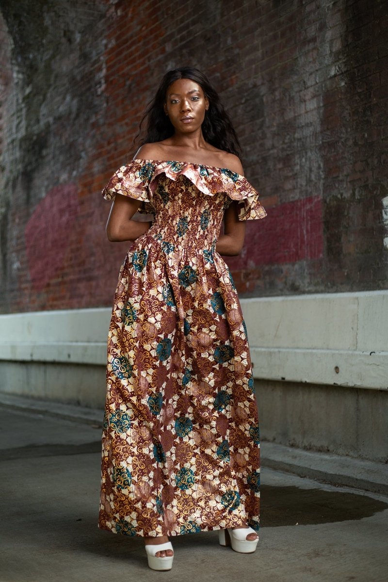 Beautiful African Maxi Dress In Metallic Gold Brown - Continent Clothing Beautiful African Maxi Dress In Metallic Gold Brown - Continent Clothing