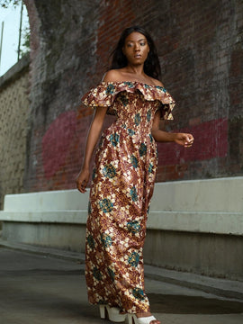 Schönes Afrikanisches Maxi Kleid In Metallic Gold Braun
