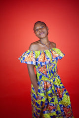 Beautiful African Midi Dress In Metallic Gold Blue - Continent Clothing 