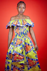 Beautiful African Midi Dress In Metallic Gold Blue - Continent Clothing 