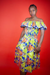 Beautiful African Midi Dress In Metallic Gold Blue - Continent Clothing 