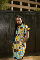 Brilliant Blue African Shirt Dress In Beautiful Blue Kente - Continent Clothing 