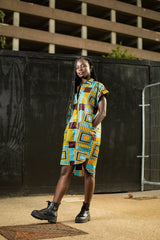 Brilliant Blue African Shirt Dress In Beautiful Blue Kente - Continent Clothing 