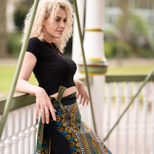 Gonna Africana Dashiki 3 Pezzi: Maxi Lunga, Vita Alta, Con Stampa Ankara, Fascia E Orecchini In Legno