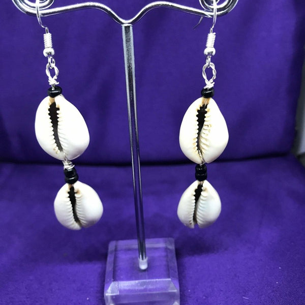 Cowrie Shell Earrings with Green Gemstone & Silver Wire Wrap