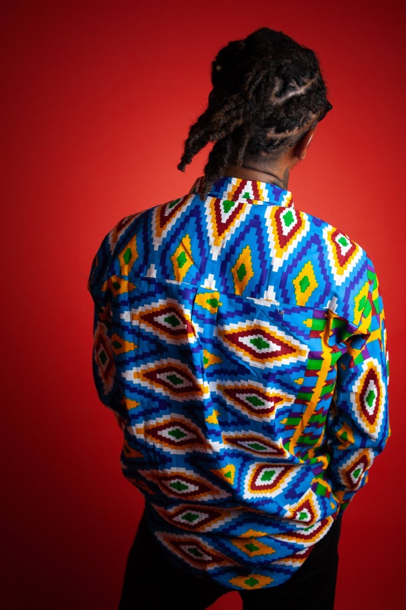Crazy Blue Kente African Shirt - Continent Clothing 