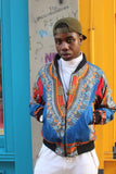 Dashiki Bomber Jacket in Blue African Print - Continent Clothing 
