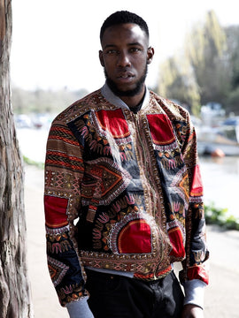 Dashiki Jacket in Black and Red Print- Festival Clothing