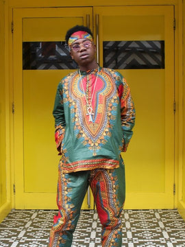 Dashiki Trousers in Green African Print-Festival Clothing