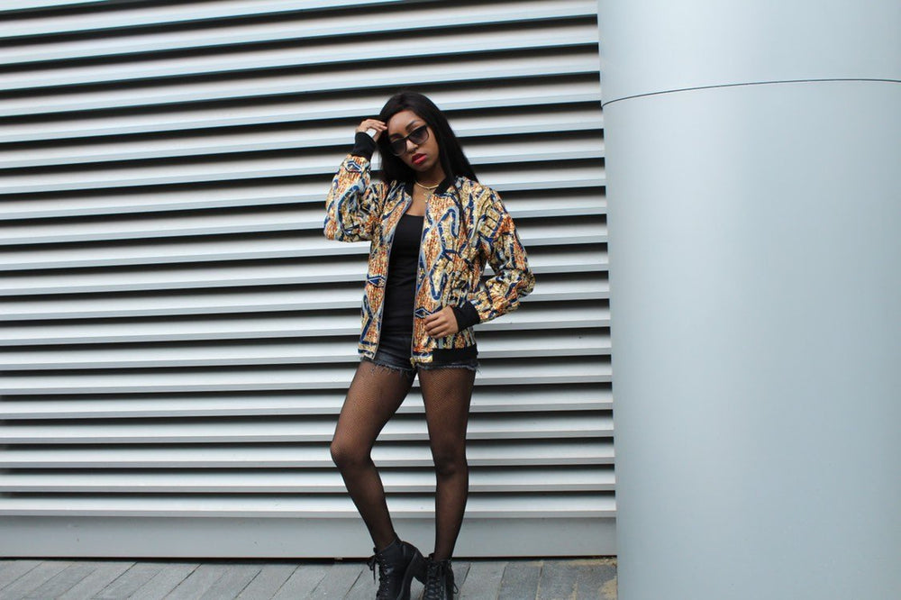 Festival Bomber Jacket in Gold Blue Ankara - Continent Clothing 