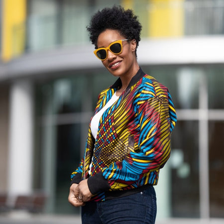 African Bomber Jacket In Blue Blue Kente Print