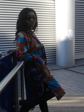 African Trench Coat in Blue Ankara Print - Festival Coat