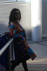 African Trench Coat in Blue Ankara Print - Festival Coat - Continent Clothing 