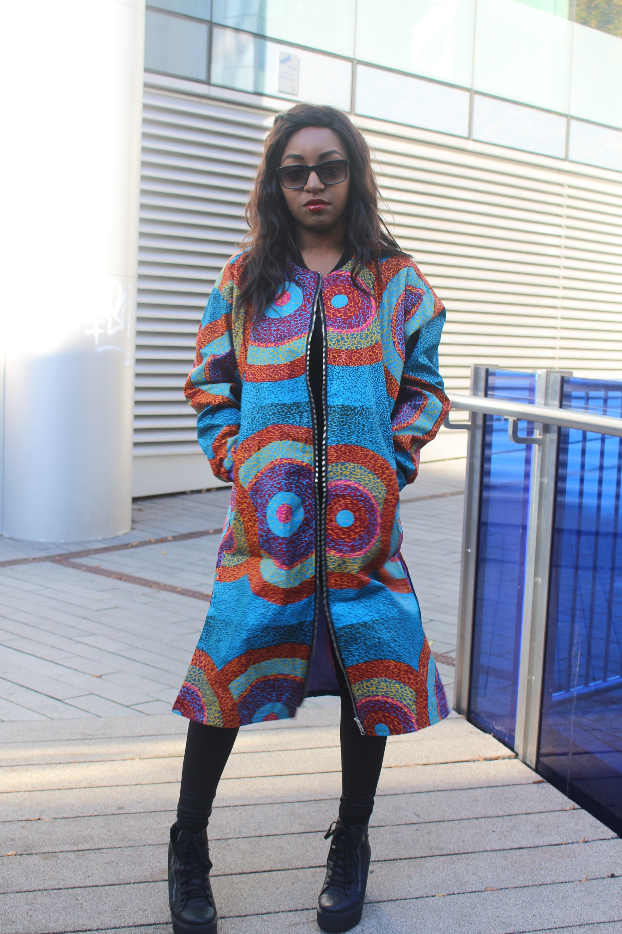 African Trench Coat in Blue Ankara Print - Festival Coat - Continent Clothing 