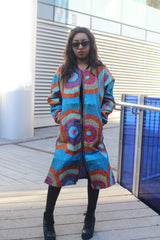 African Trench Coat in Blue Ankara Print - Festival Coat - Continent Clothing 