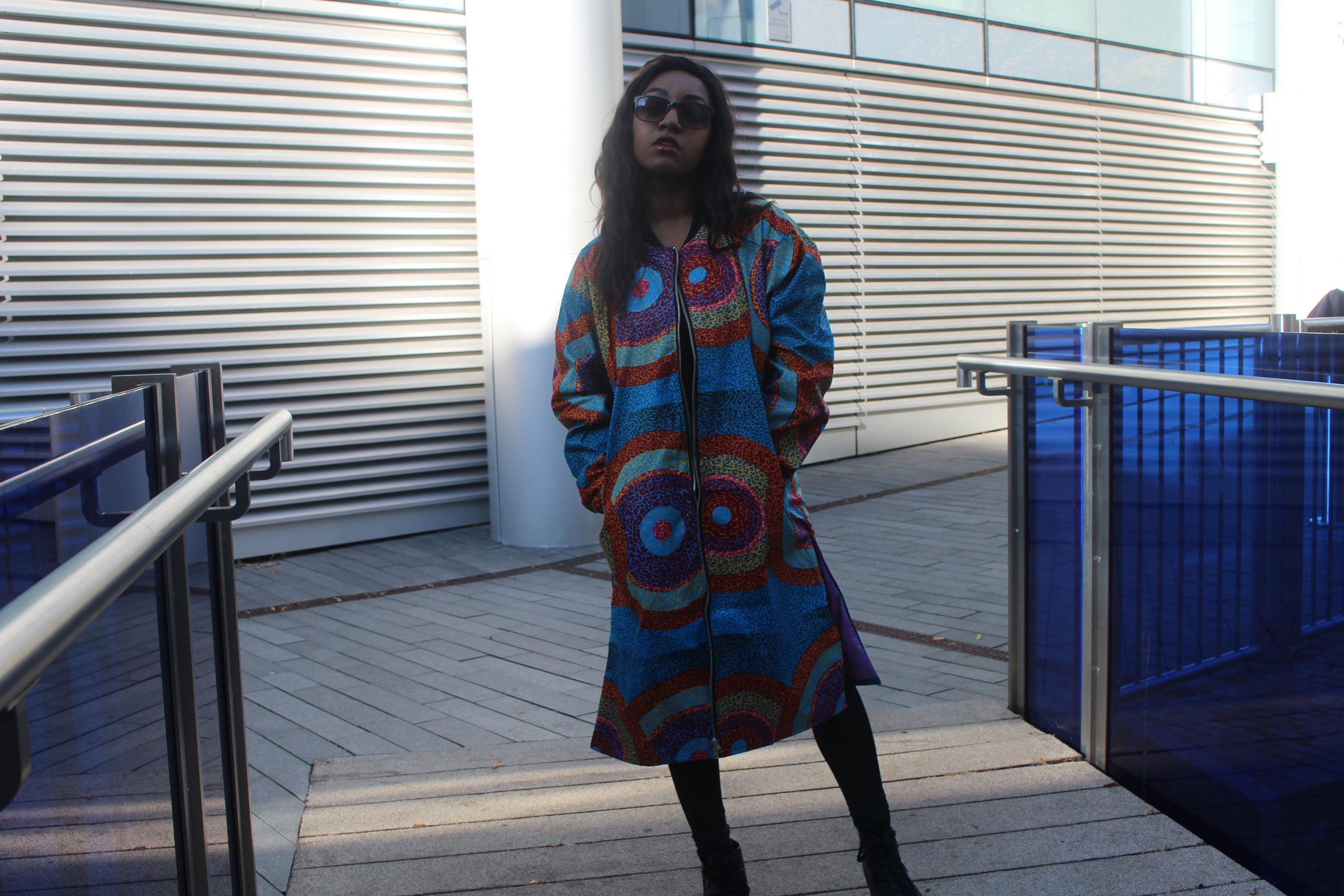 African Trench Coat in Blue Ankara Print - Festival Coat - Continent Clothing 