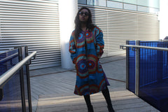 African Trench Coat in Blue Ankara Print - Festival Coat - Continent Clothing 