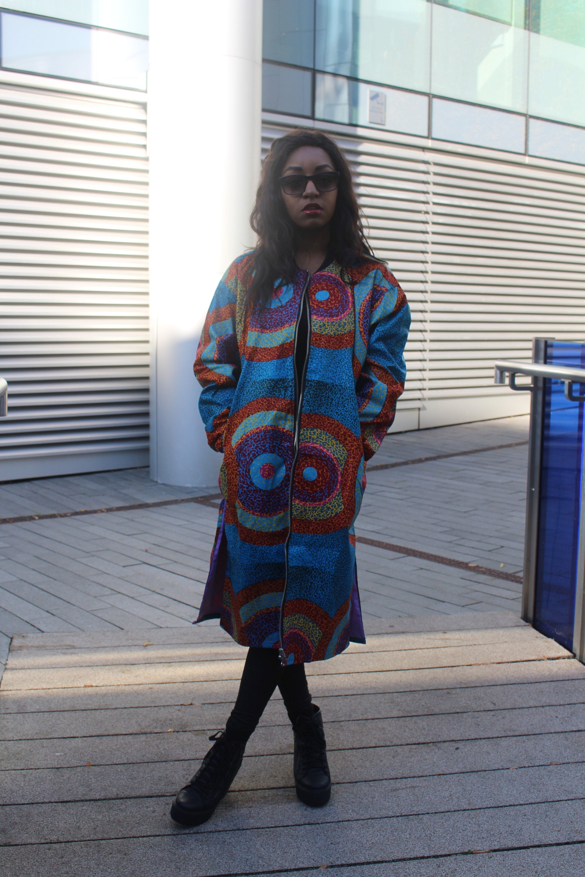 African Trench Coat in Blue Ankara Print - Festival Coat - Continent Clothing 
