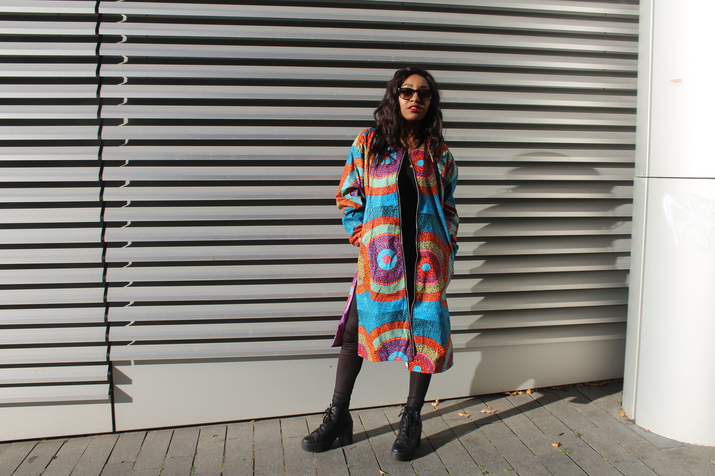 African Trench Coat in Blue Ankara Print - Festival Coat - Continent Clothing 