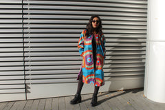 African Trench Coat in Blue Ankara Print - Festival Coat - Continent Clothing 