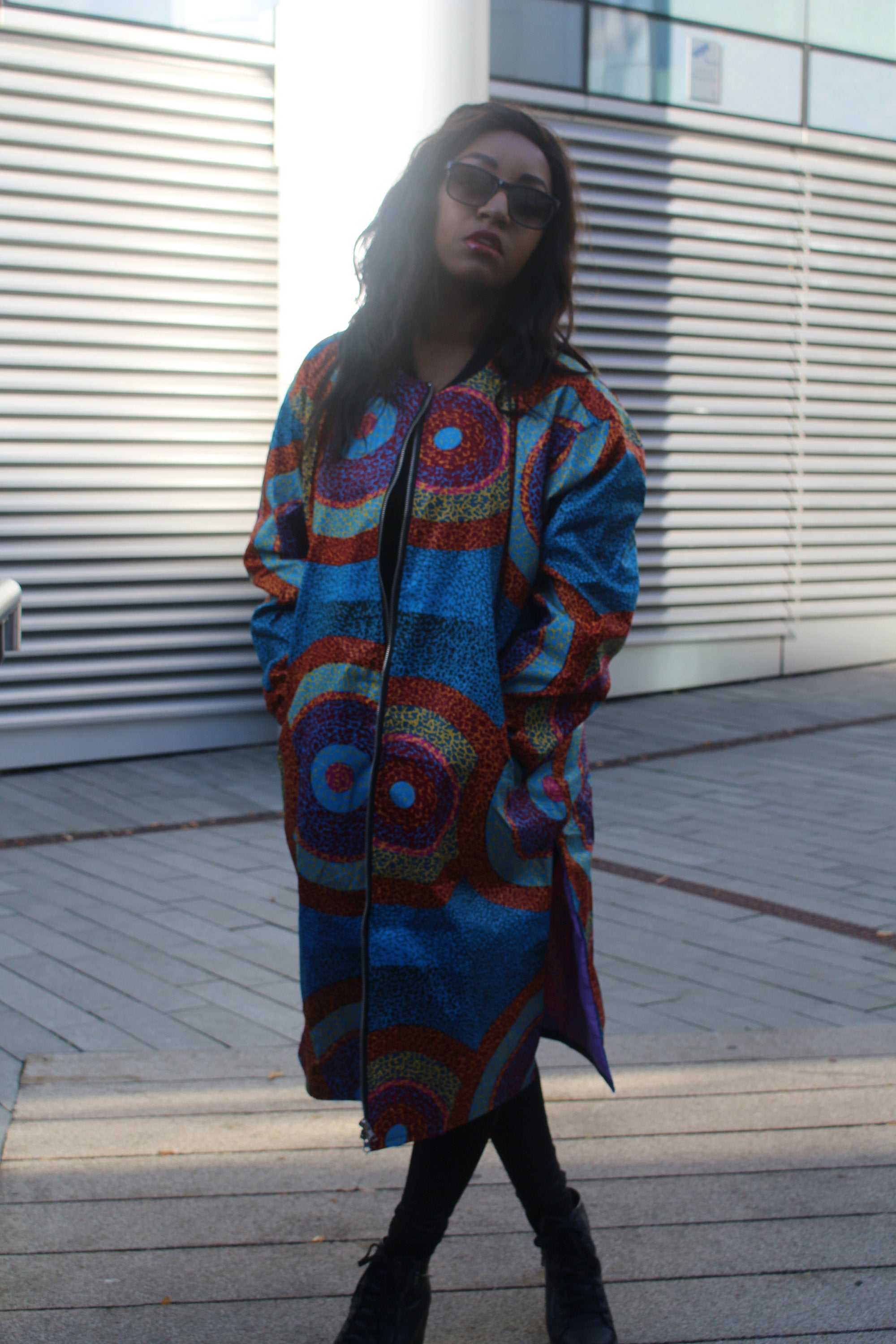 African Trench Coat in Blue Ankara Print - Festival Coat - Continent Clothing 