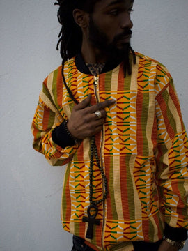 Chaqueta bomber Kente con estampado africano naranja