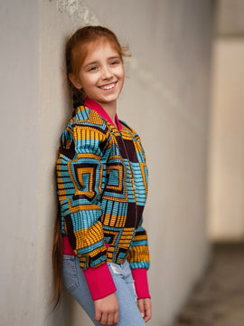 Kids African Bomber Jacket In Blue Kente