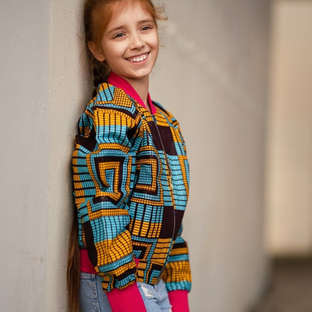 Giacca da bombardiere africana in bella stampa Brown Kente