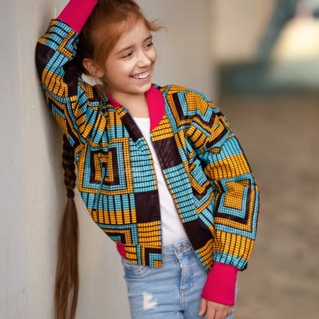 Giacca da bombardiere africana in bella stampa Brown Kente