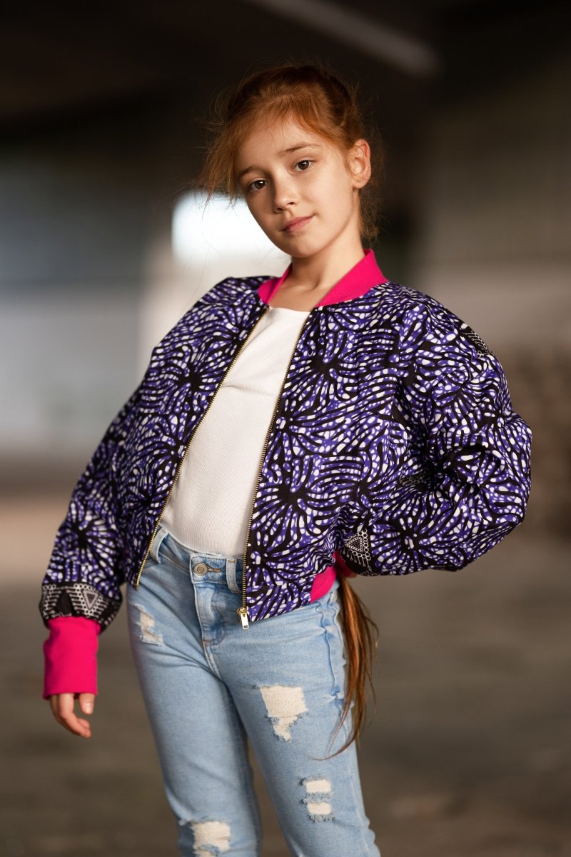Kids African Bomber Jacket In Chilled Purple - Continent Clothing 