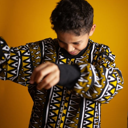 Giacca da bombardiere africana in bella stampa Brown Kente