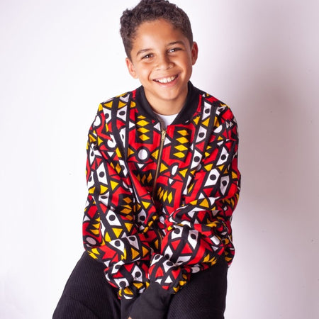 Giacca da bombardiere africana in bella stampa Brown Kente